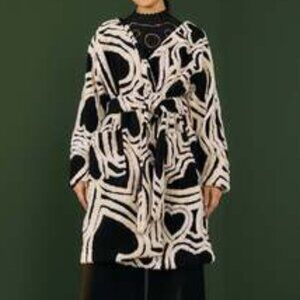 Anthropologie Farm Rio Wild Hearts Belted Wool Fleece Coat Size M Black & White